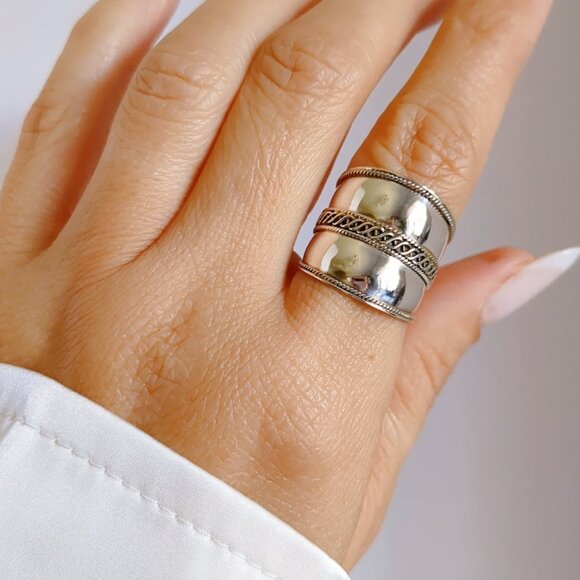 Concave Bali Ring, Sterling Silver Ring, Wide Light Band , Statement Thumb Band - Picture 6 of 10